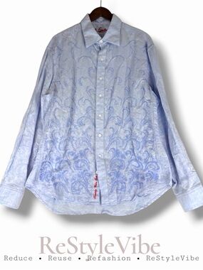 ROBERT GRAHAM Men’s Size XL Shirt Button Down Long Sleeve Linen Blend Waves